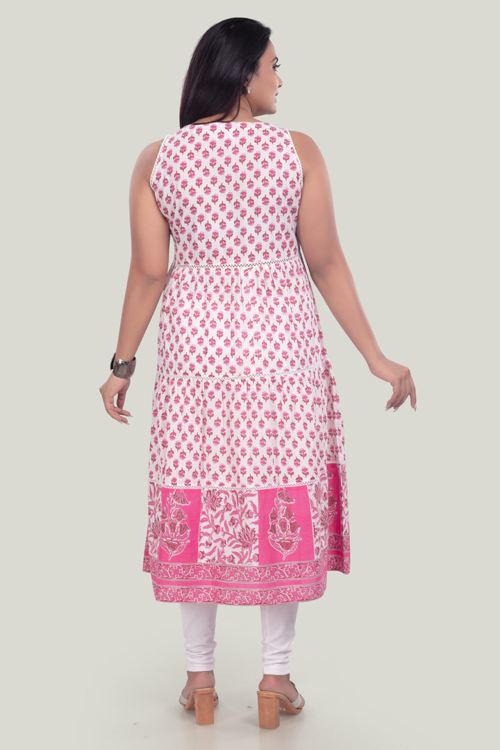 Off White & Pink Jaipuri Cotton Printed Flared Sleeveless Kurta