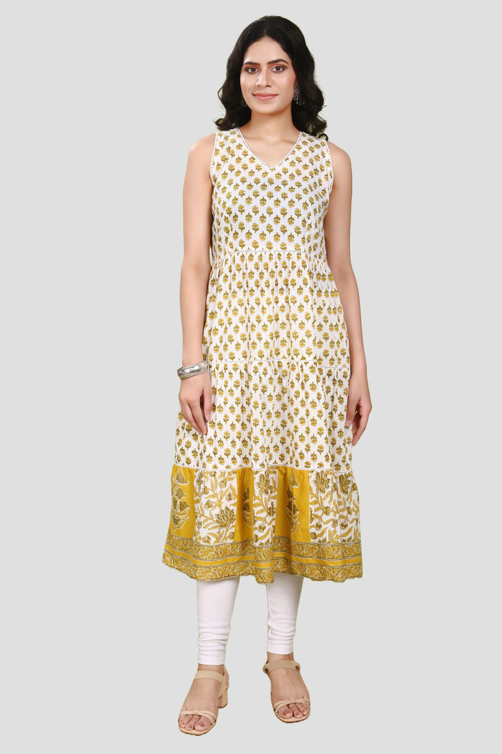 Off White & Yellow Jaipuri Cotton Flared Printed Sleeveless Kurta