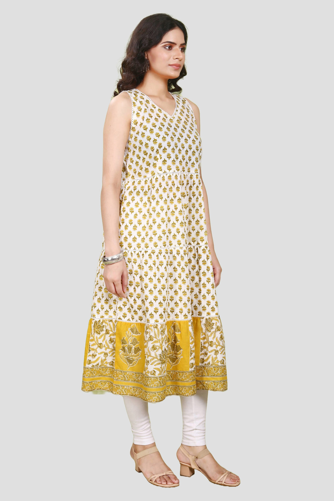 Off White & Yellow Jaipuri Cotton Flared Printed Sleeveless Kurta