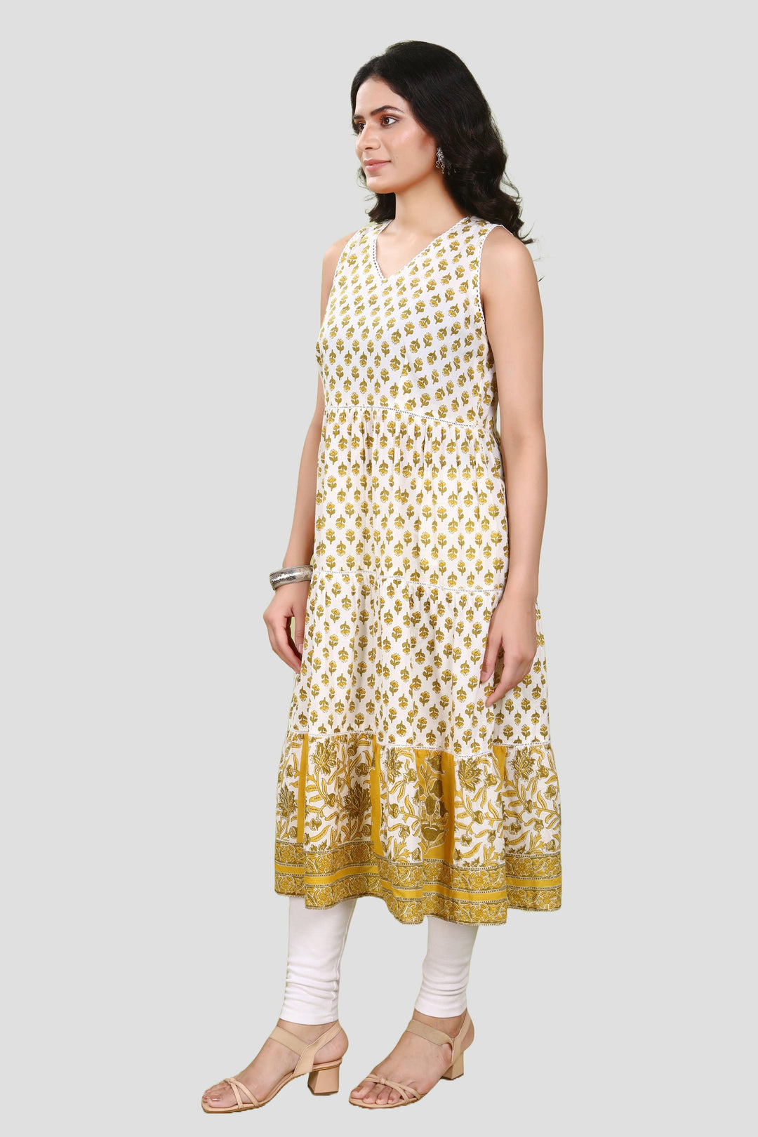 Off White & Yellow Jaipuri Cotton Flared Printed Sleeveless Kurta