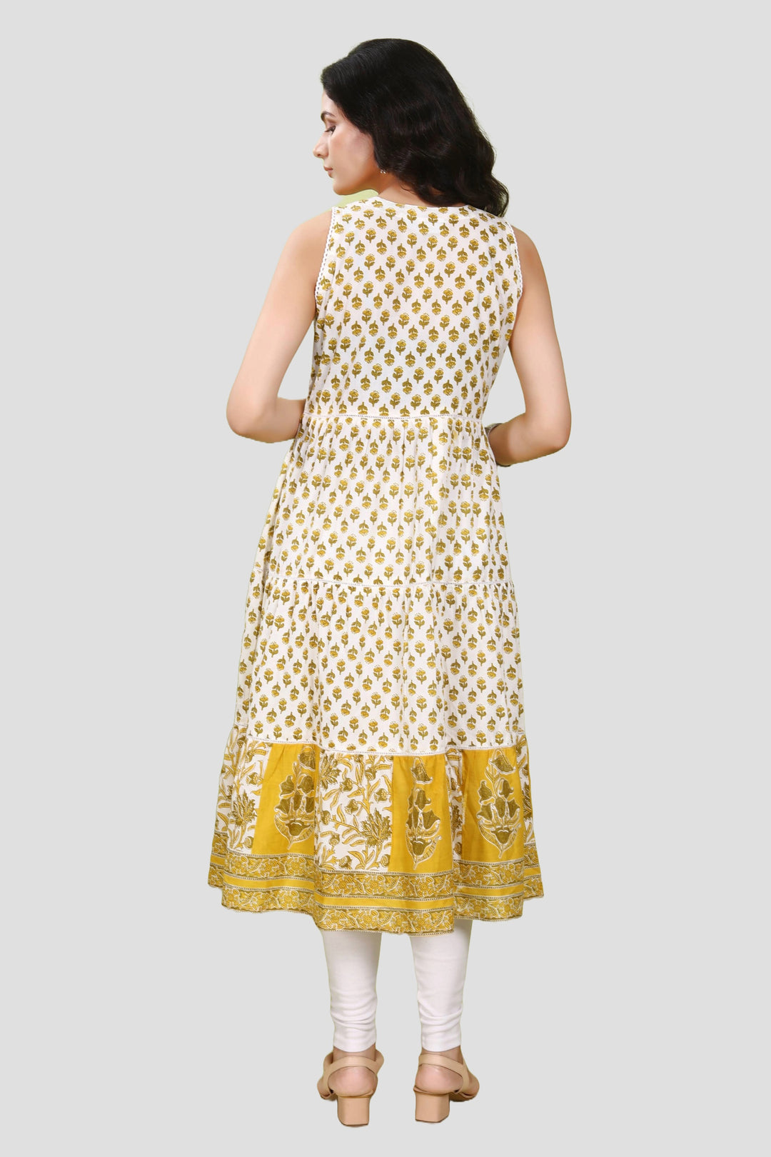 Off White & Yellow Jaipuri Cotton Flared Printed Sleeveless Kurta