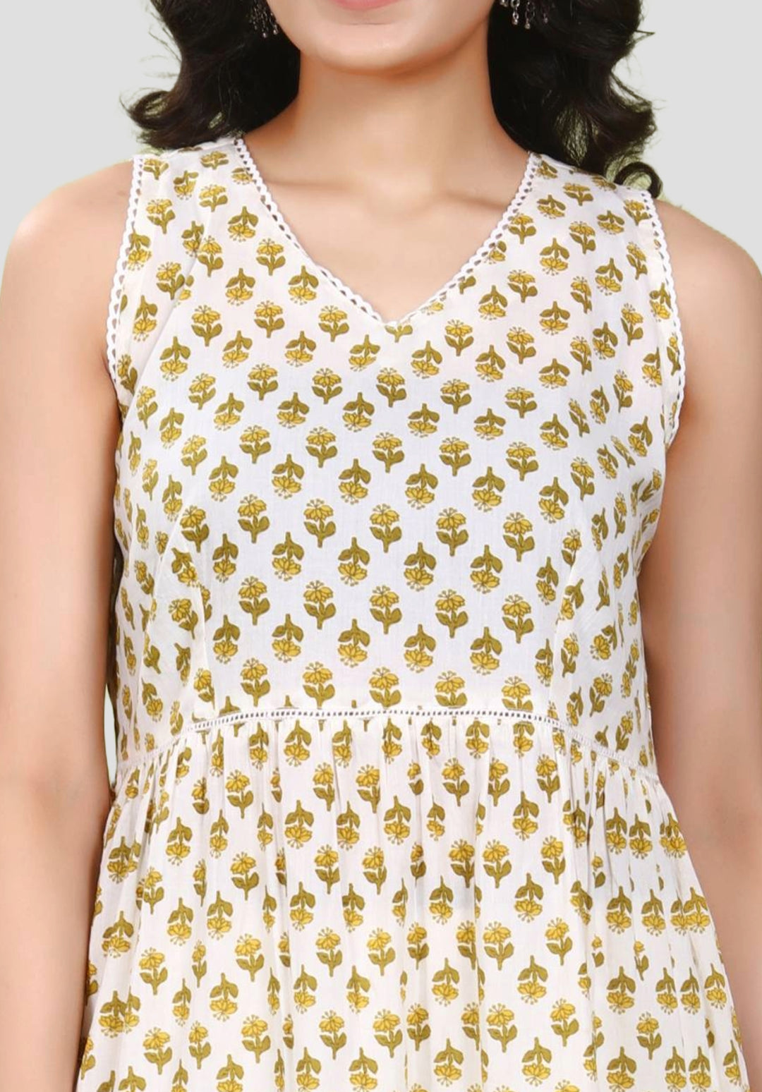 Off White & Yellow Jaipuri Cotton Flared Printed Sleeveless Kurta