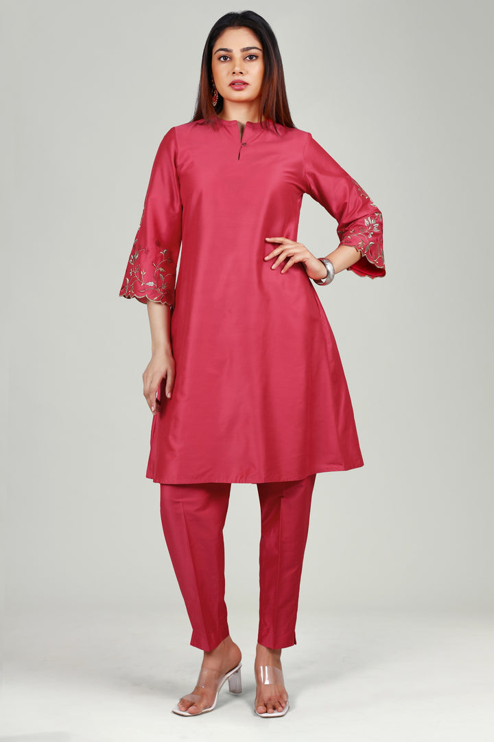 Pink PolySilk A Line Embroidered Kurta Pant Co ord Set