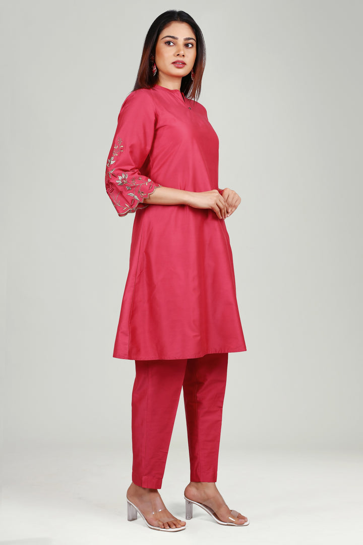 Pink PolySilk A Line Embroidered Kurta Pant Co ord Set