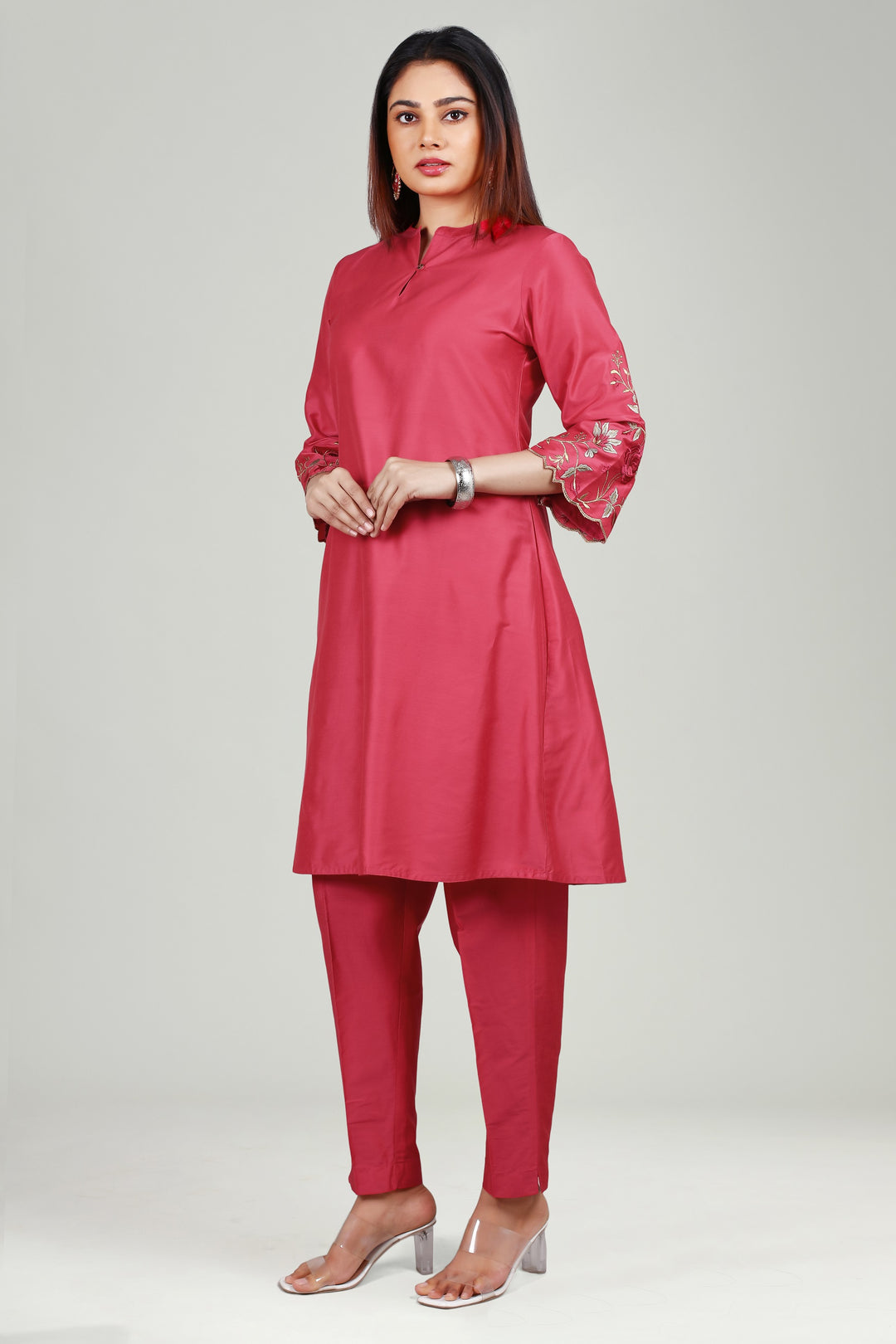 Pink PolySilk A Line Embroidered Kurta Pant Co ord Set