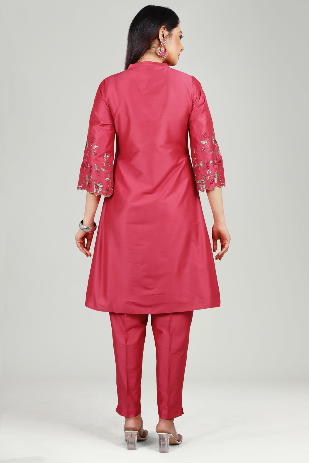 Pink PolySilk A Line Embroidered Kurta Pant Co ord Set