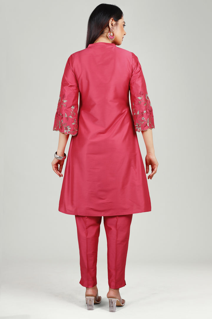 Pink PolySilk A Line Embroidered Kurta Pant Co ord Set