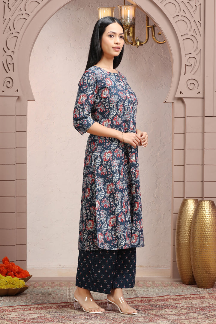 Navy Blue Jaipuri Cotton A Line Printed Kurta Pant Co ord Set