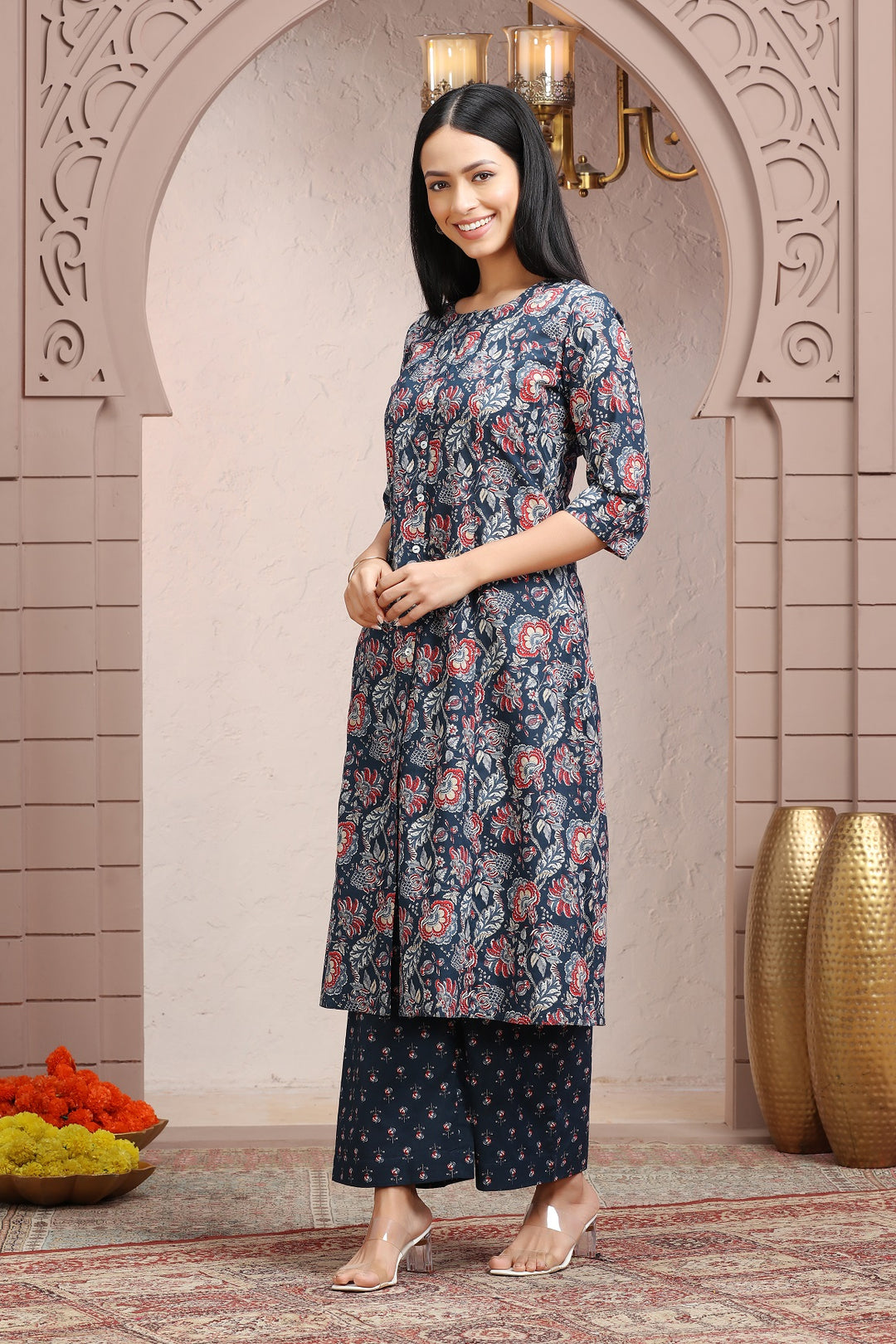 Navy Blue Jaipuri Cotton A Line Printed Kurta Pant Co ord Set