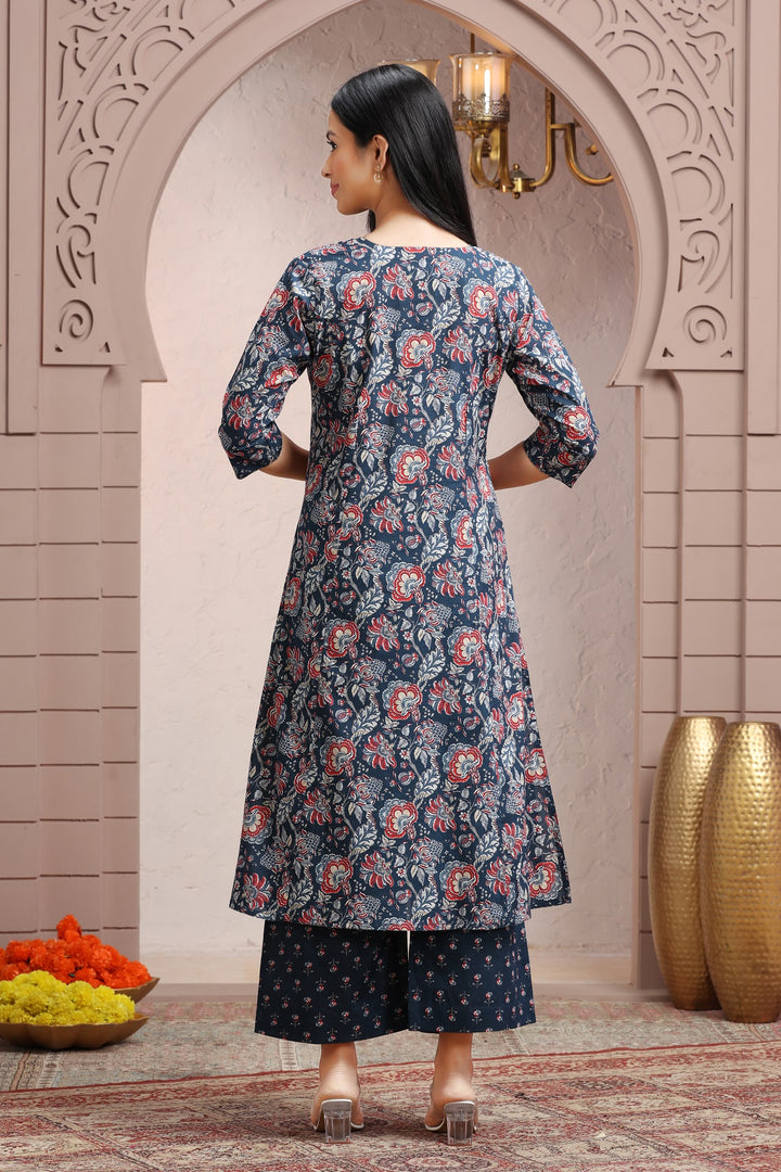 Navy Blue Jaipuri Cotton A Line Printed Kurta Pant Co ord Set