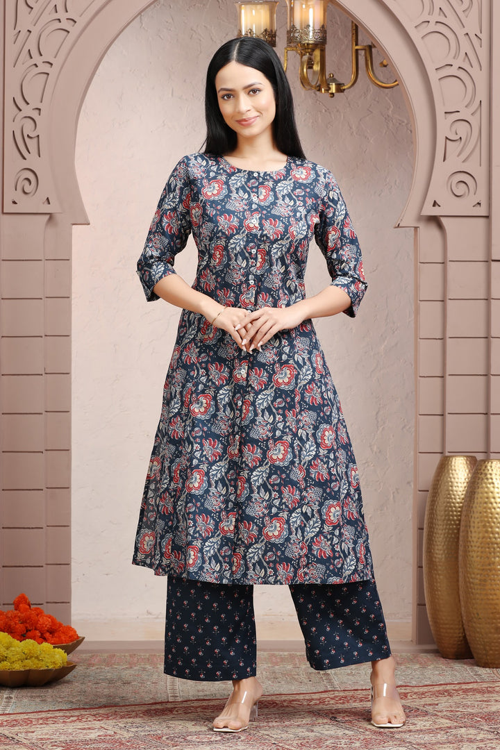 Navy Blue Jaipuri Cotton A Line Printed Kurta Pant Co ord Set