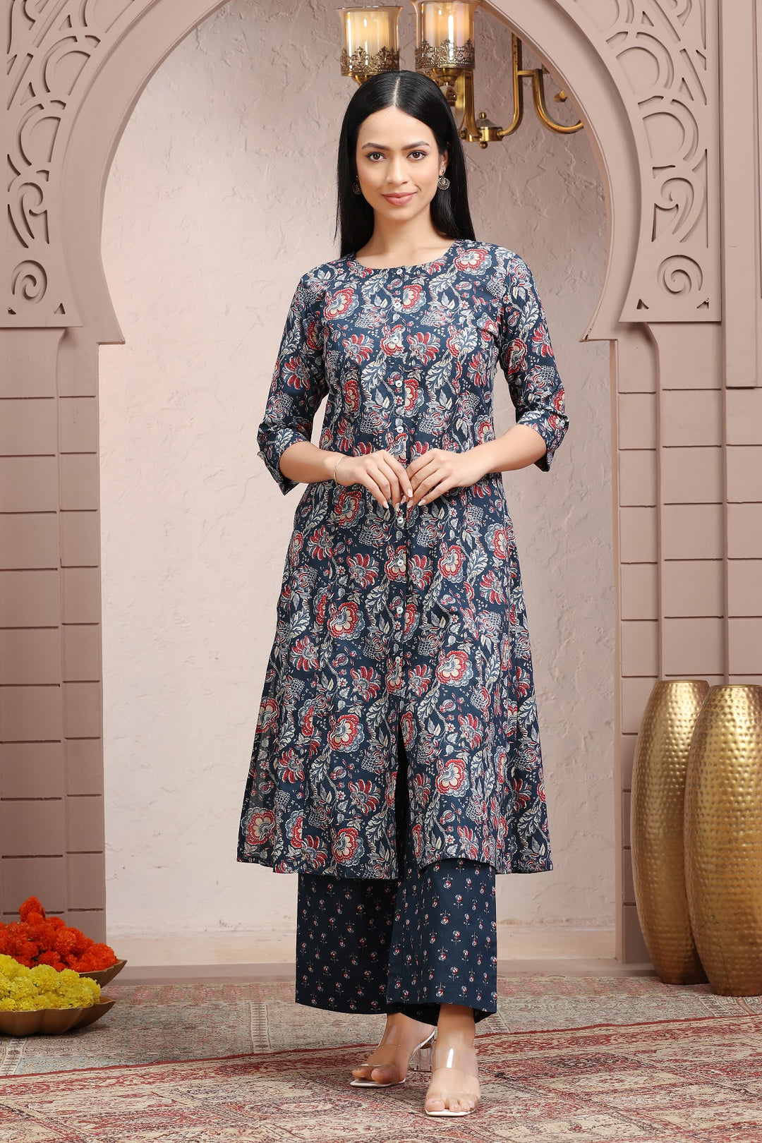 Navy Blue Jaipuri Cotton A Line Printed Kurta Pant Co ord Set