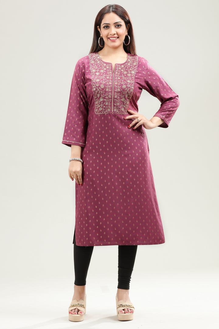 Purple Rayon Straight Embroidered Kurta