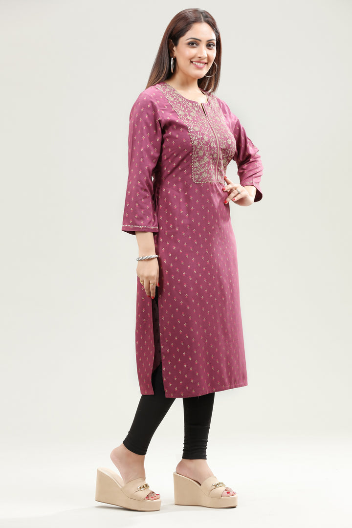 Purple Rayon Straight Embroidered Kurta