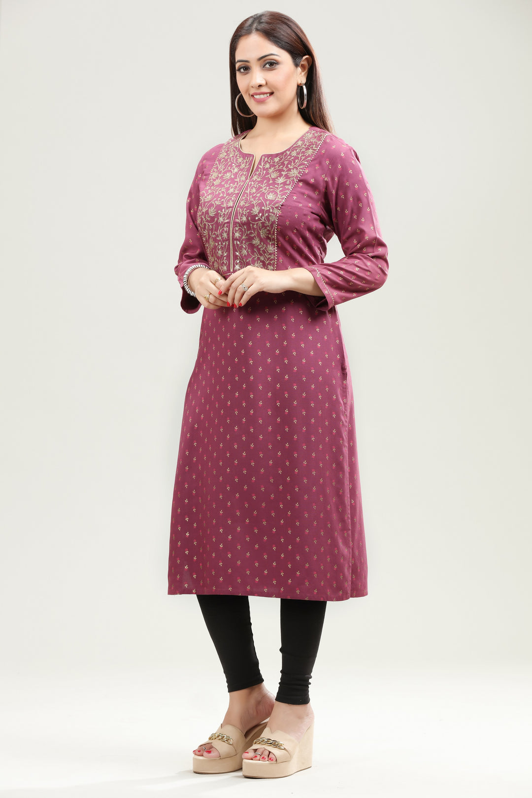 Purple Rayon Straight Embroidered Kurta