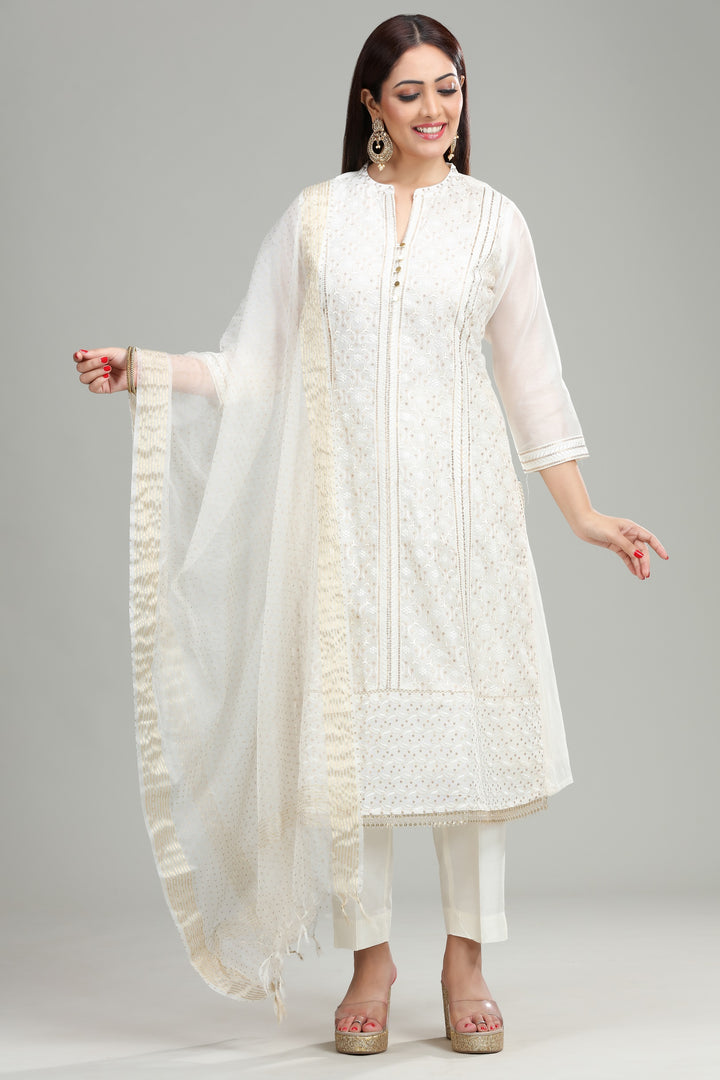 Off White Chanderi Straight Embroidered Kurta Pant Suit Set