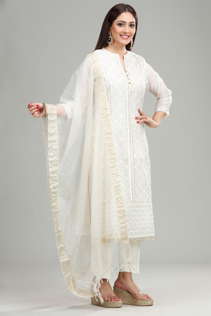 Off White Chanderi Straight Embroidered Kurta Pant Suit Set