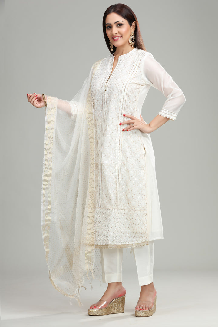 Off White Chanderi Straight Embroidered Kurta Pant Suit Set