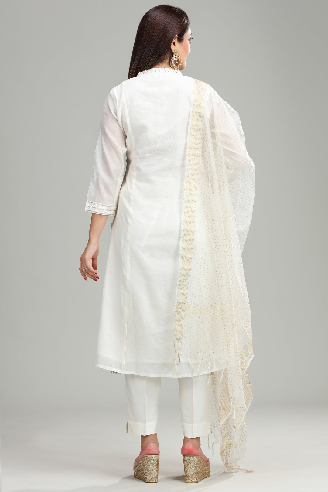 Off White Chanderi Straight Embroidered Kurta Pant Suit Set