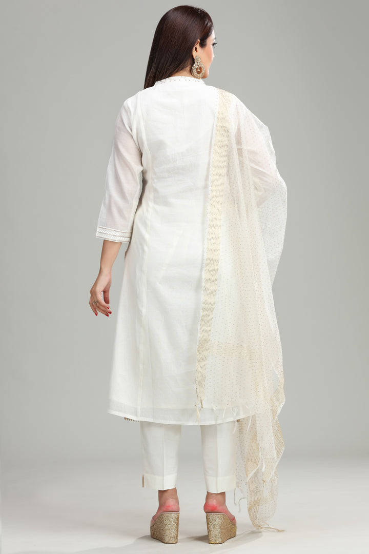 Off White Chanderi Straight Embroidered Kurta Pant Suit Set