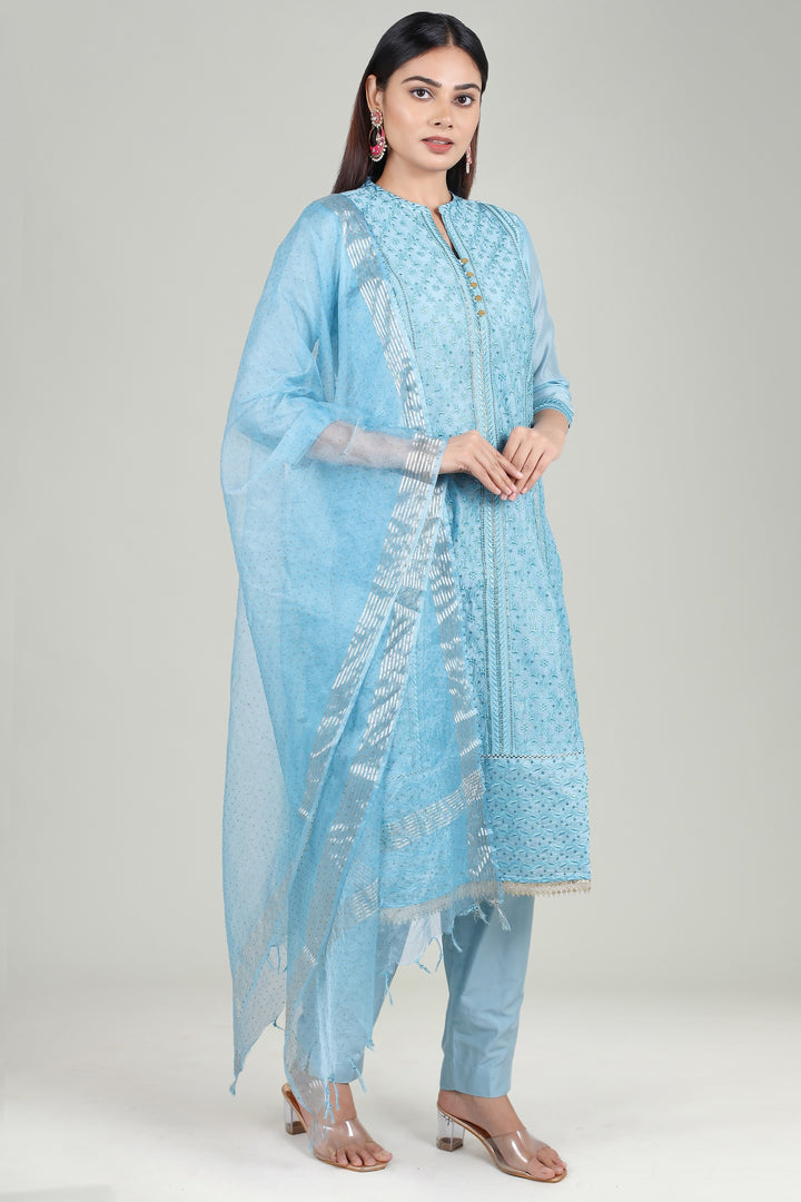 Sky Blue Chanderi Straight Embroidered Kurta Pant Suit Set