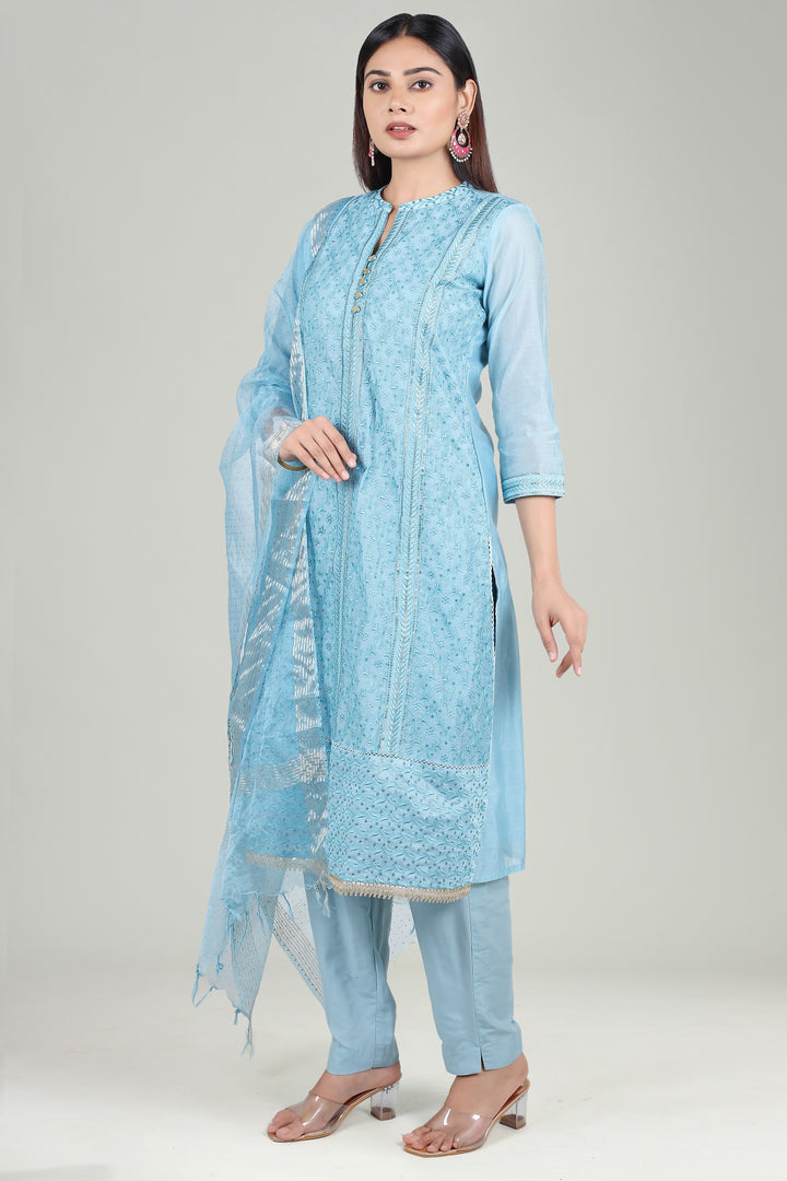 Sky Blue Chanderi Straight Embroidered Kurta Pant Suit Set