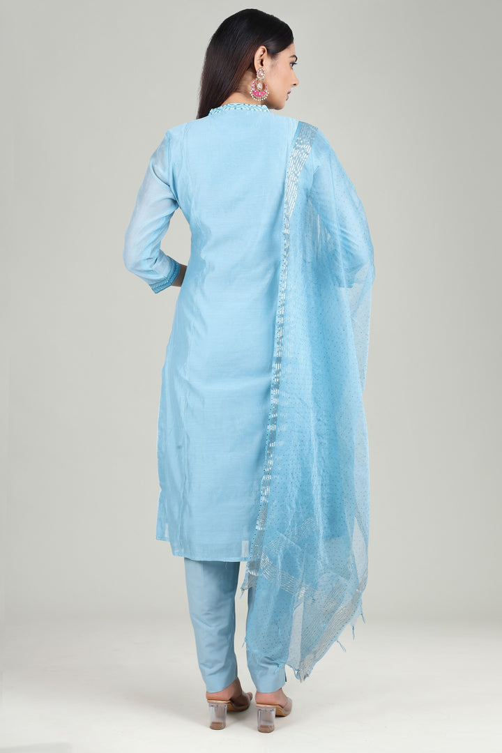 Sky Blue Chanderi Straight Embroidered Kurta Pant Suit Set