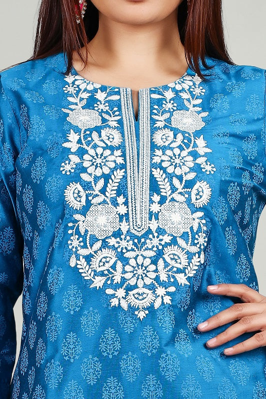 Blue PolySilk Straight Embroidered Short Kurta