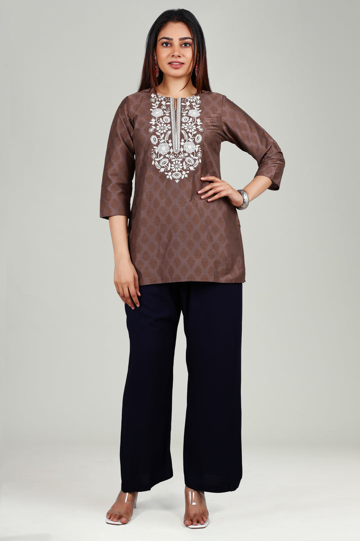 Brown PolySilk Straight Embroidered Short Kurta