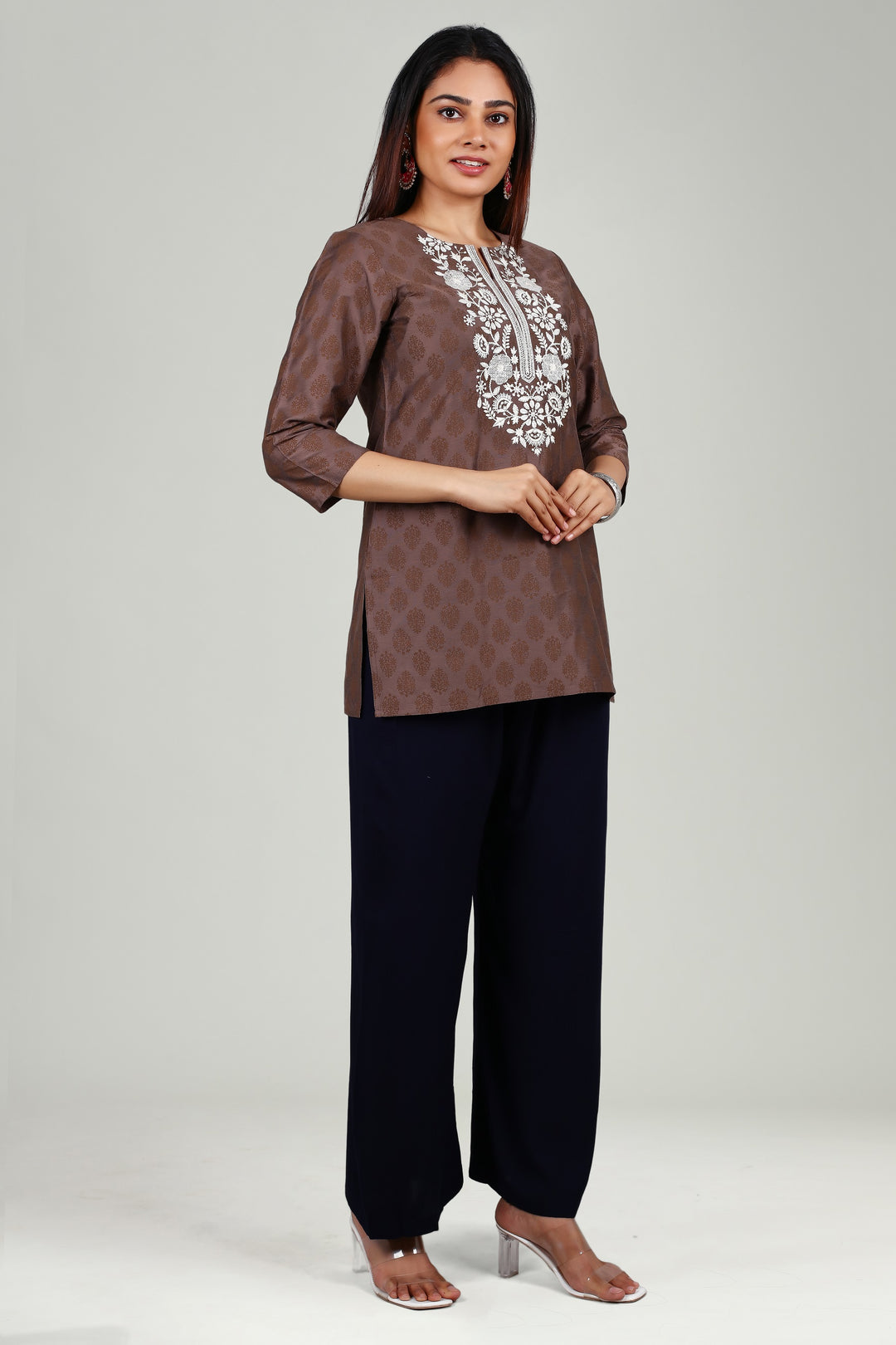 Brown PolySilk Straight Embroidered Short Kurta