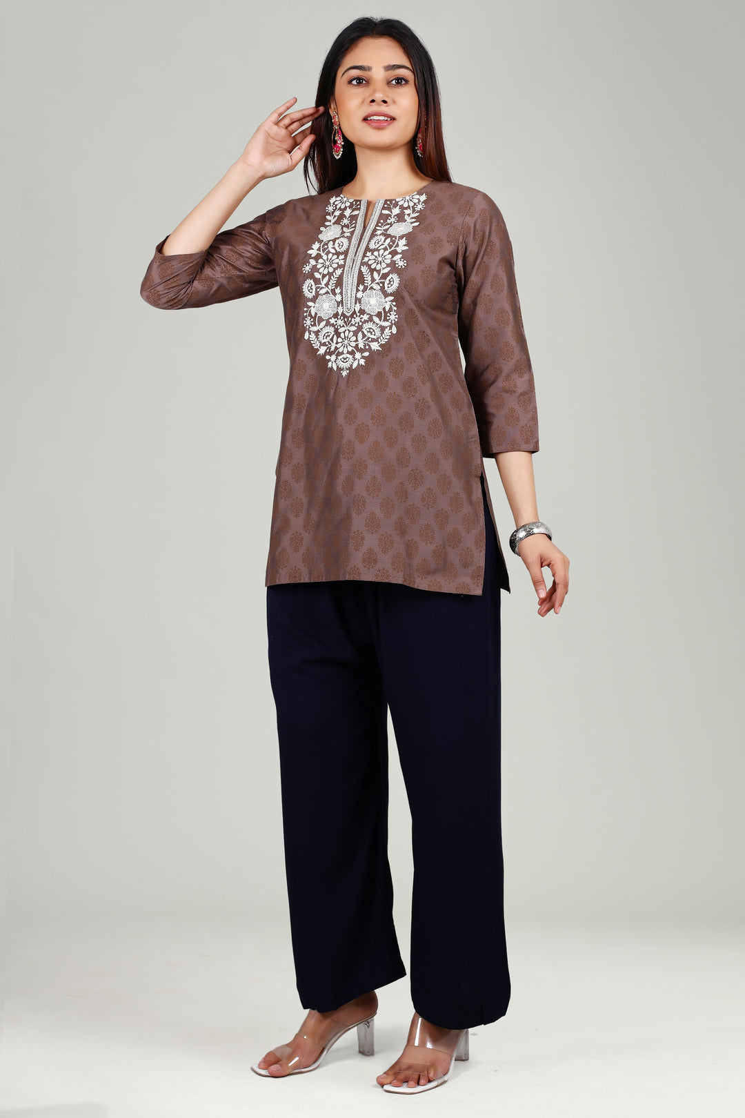 Brown PolySilk Straight Embroidered Short Kurta