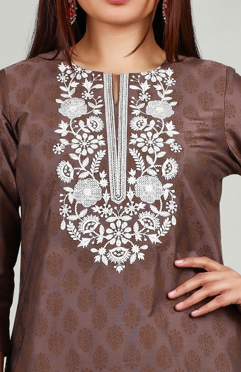 Brown PolySilk Straight Embroidered Short Kurta