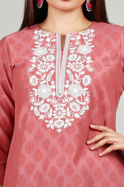 Coral Pink PolySilk Straight Embroidered Short Kurta