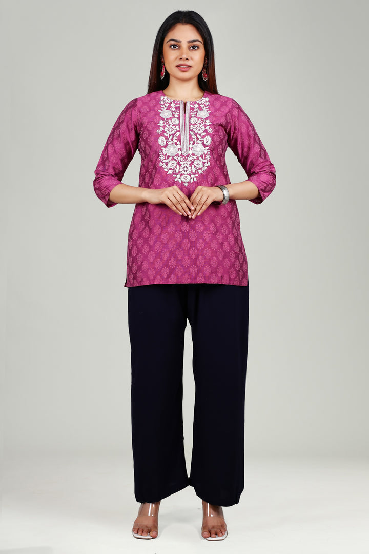 Light Purple PolySilk Straight Embroidered Short Kurta