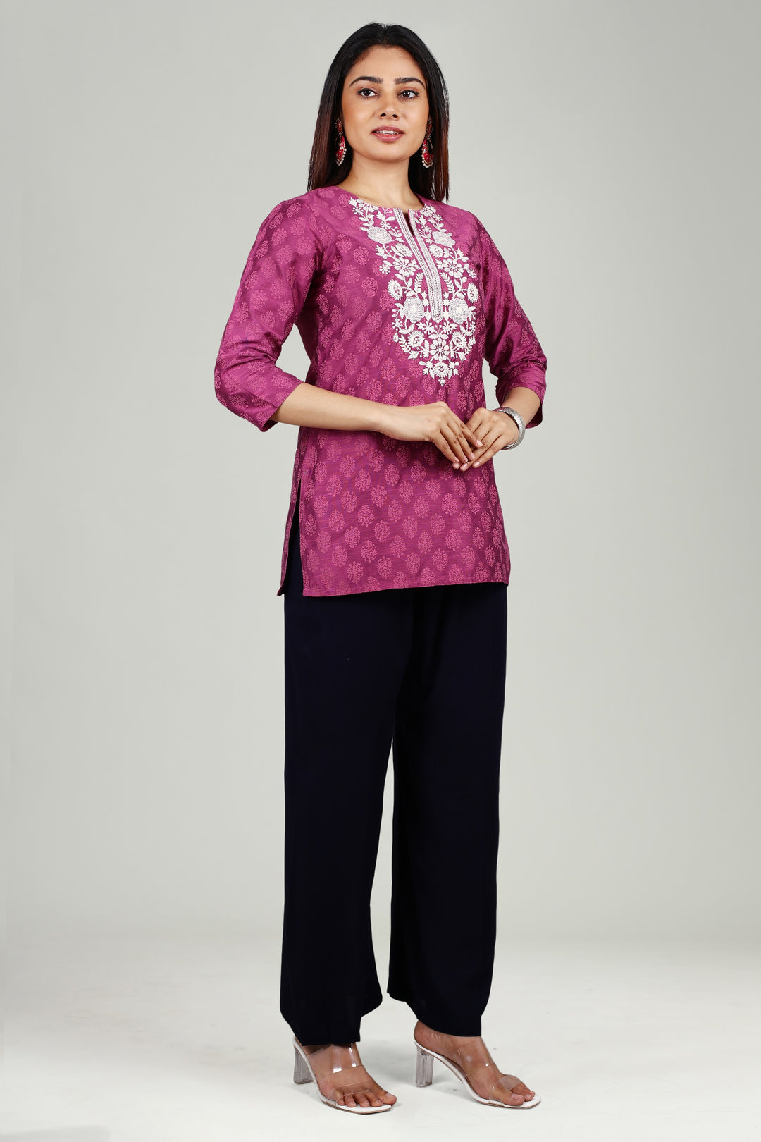 Light Purple PolySilk Straight Embroidered Short Kurta