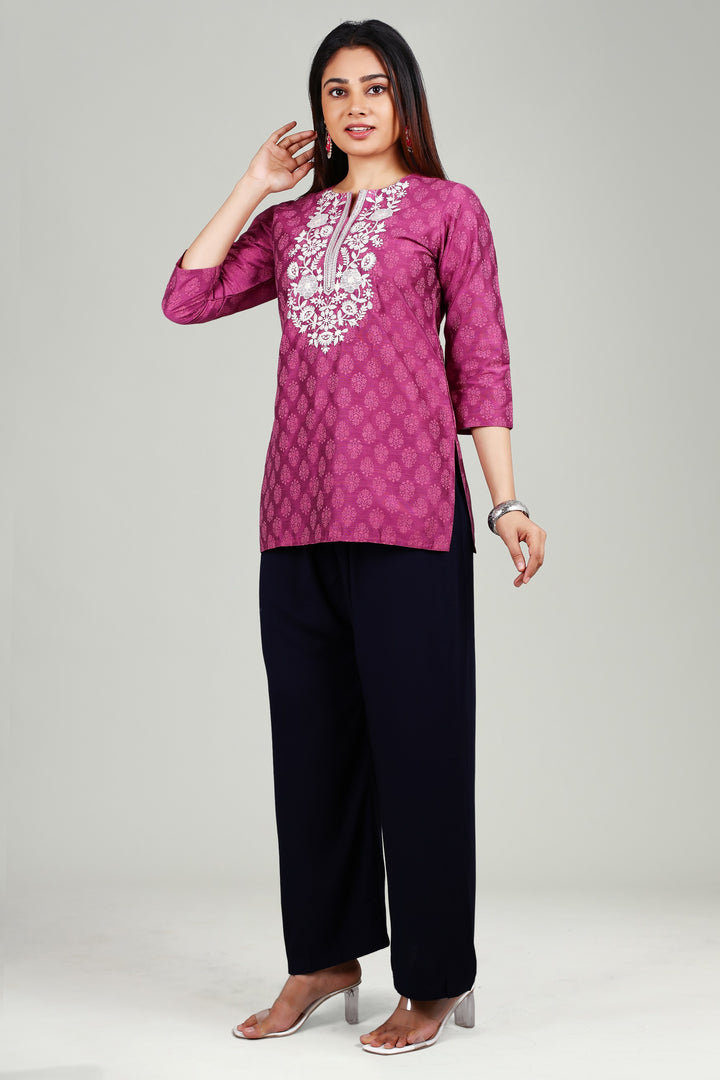 Light Purple PolySilk Straight Embroidered Short Kurta