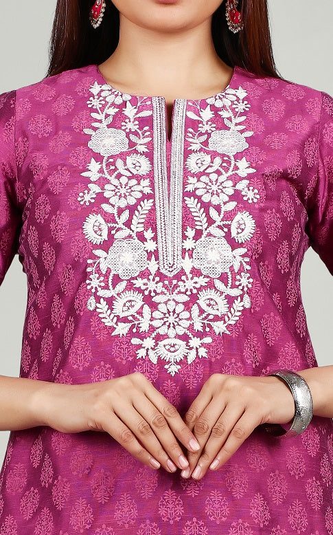 Light Purple PolySilk Straight Embroidered Short Kurta