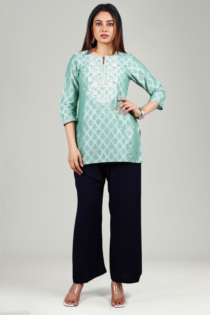 Mint Green PolySilk Straight Embroidered Short Kurta