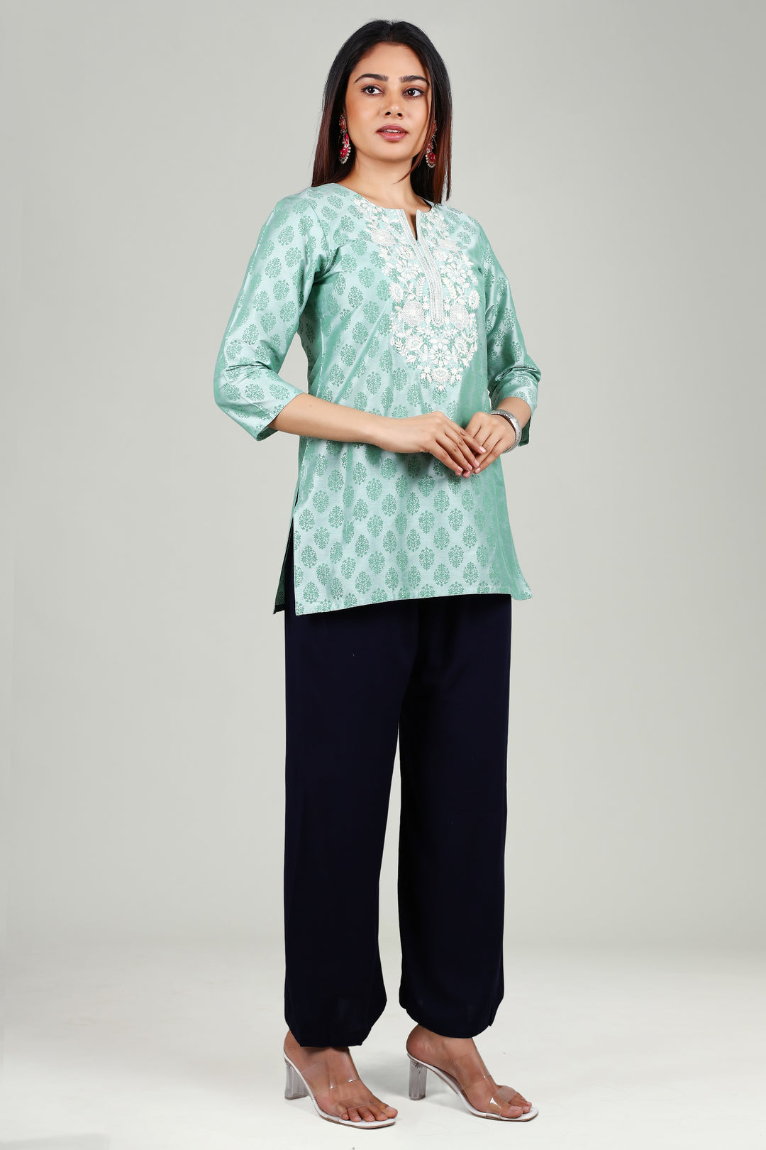 Mint Green PolySilk Straight Embroidered Short Kurta