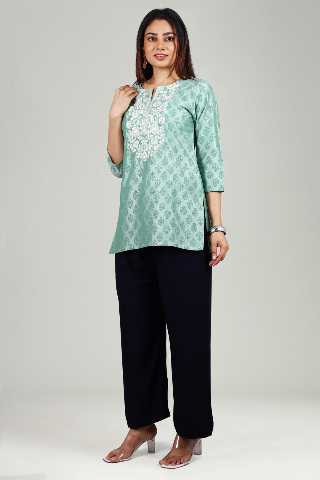 Mint Green PolySilk Straight Embroidered Short Kurta