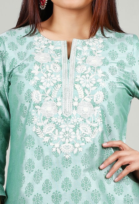 Mint Green PolySilk Straight Embroidered Short Kurta