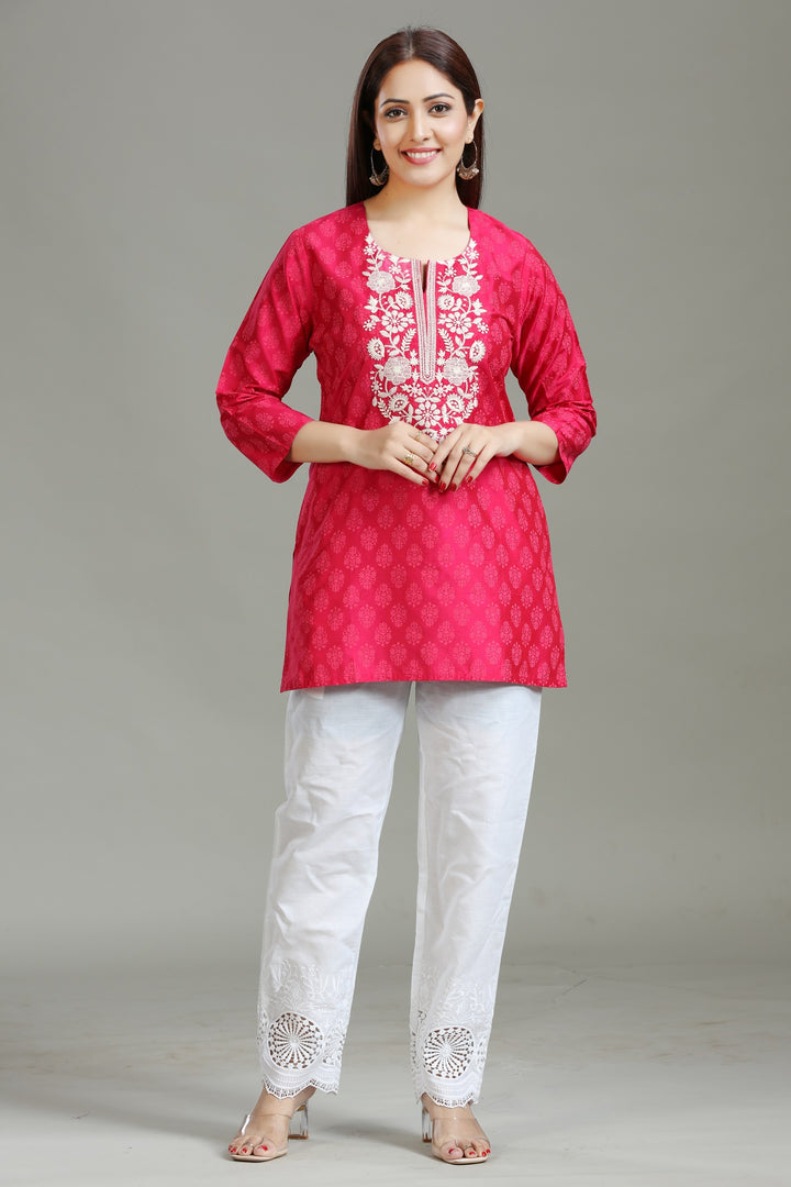 Rani Pink PolySilk Straight Embroidered Short Kurta