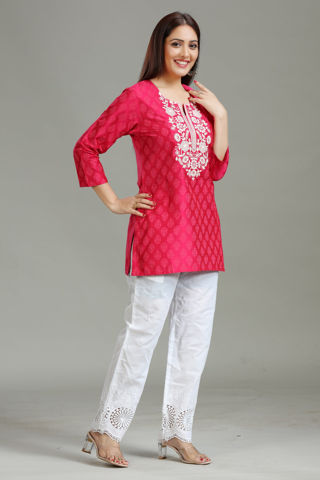 Rani Pink PolySilk Straight Embroidered Short Kurta