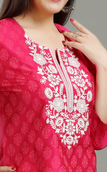 Rani Pink PolySilk Straight Embroidered Short Kurta