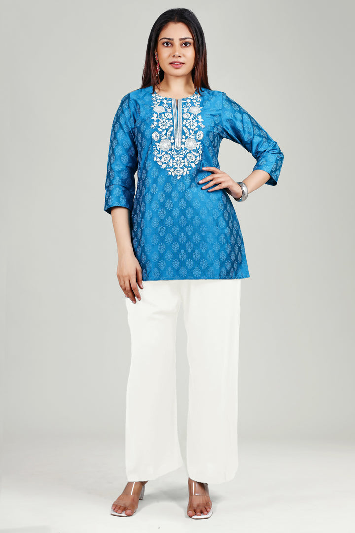 Blue PolySilk Straight Embroidered Short Kurta