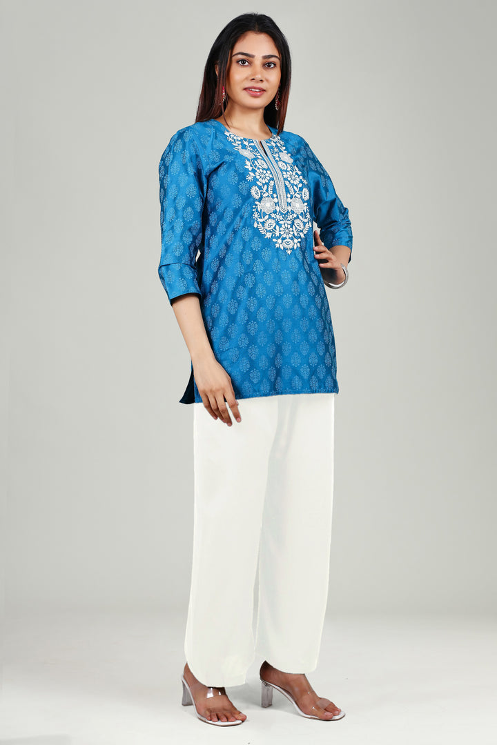 Blue PolySilk Straight Embroidered Short Kurta