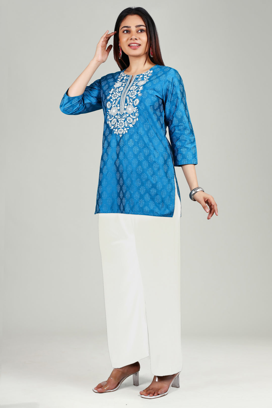 Blue PolySilk Straight Embroidered Short Kurta