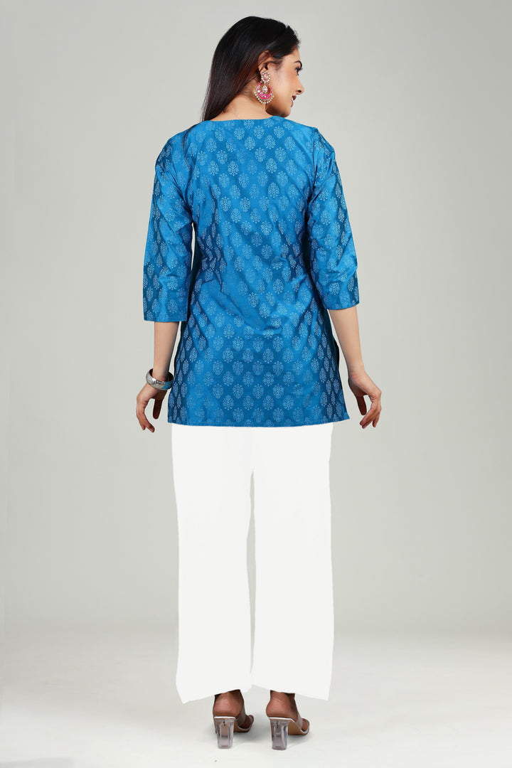 Blue PolySilk Straight Embroidered Short Kurta