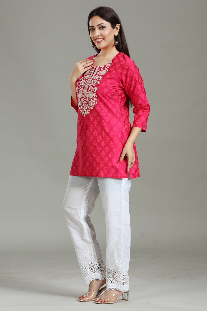 Rani Pink PolySilk Straight Embroidered Short Kurta