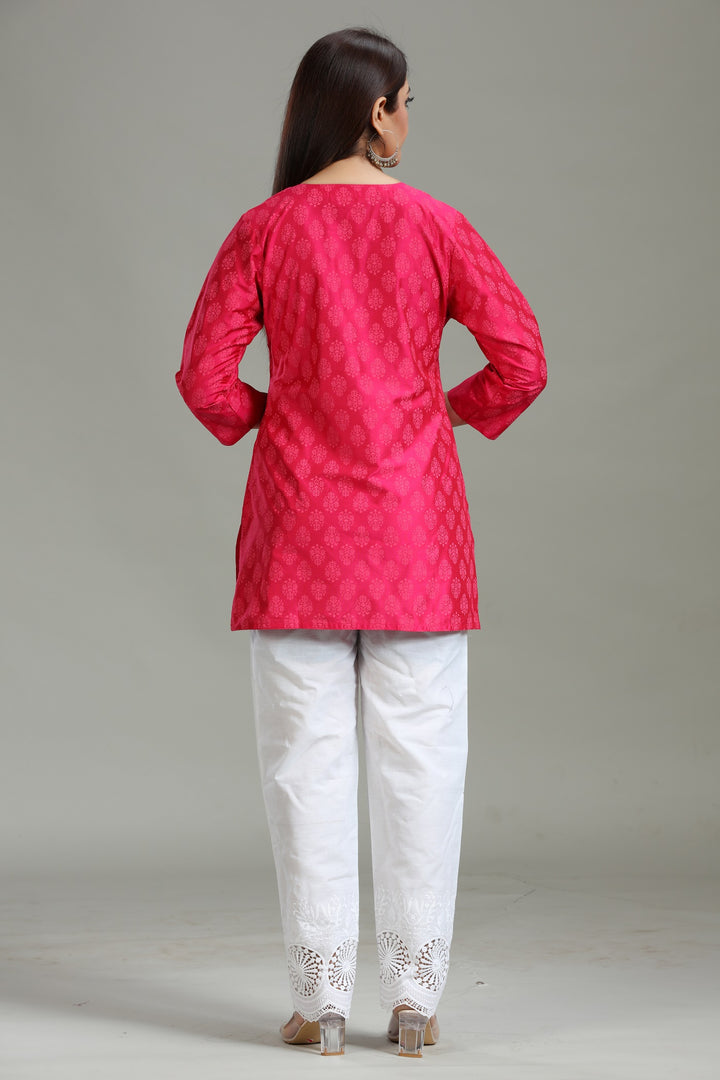 Rani Pink PolySilk Straight Embroidered Short Kurta